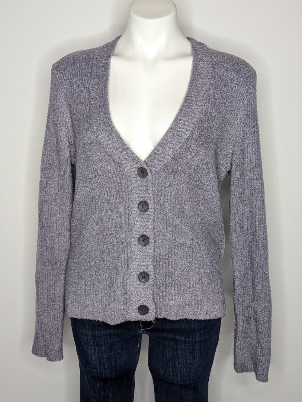 Barefoot Dreams Cozychic Lite Blue Purple Button Up V Neck Cardigan Sweater S